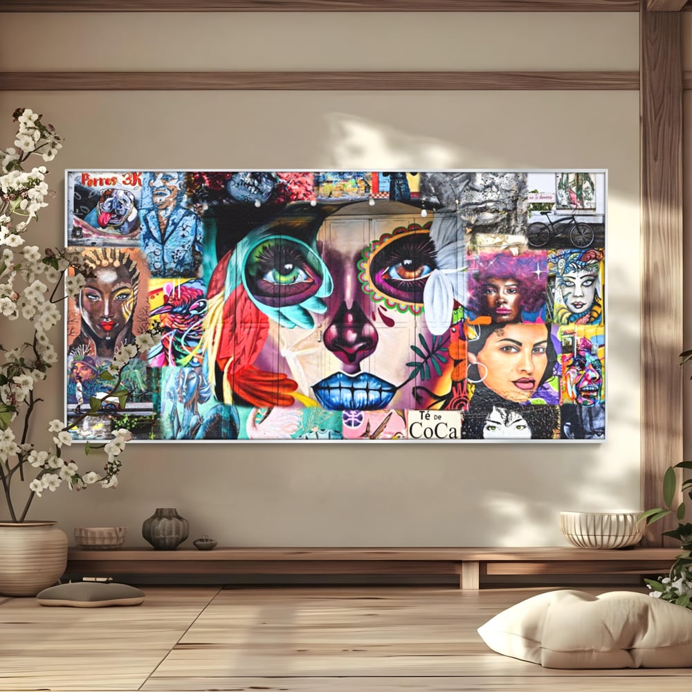 Tablou canvas cu tablou canvas cu colaj grafitti urban, in rama de aluminiu argintiu